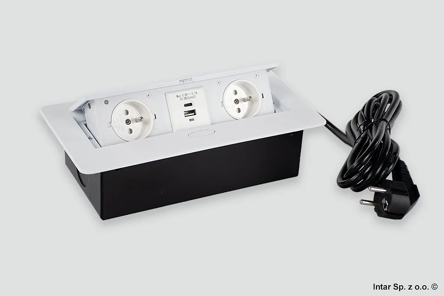 Wyjątkowa oferta Gniazdo meblwe KOMBIBOX, KOMB-BI-2FR-UAC-3,0-01, 2xgniazdo z bolcem + 1xUSB A + 1xUSB C, Przewód zasilający 3 m, Biały, DESIGN LIGHT