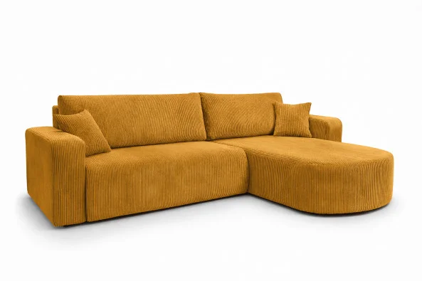 Narożnik z funkcją spania, sztruks Poso, Musztardowy, Prawy, ROUND ONE XL Oferta limitowana