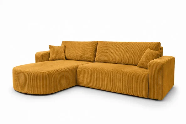 Wyjątkowa oferta Narożnik z funkcją spania, sztruks Poso, Musztardowy, Lewy, ROUND ONE XL