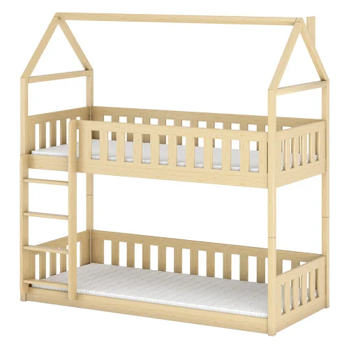 Piętrowe łóżko domek ze stelażem flex i drabinką POLA 90x190 sosna Ostatnie sztuki