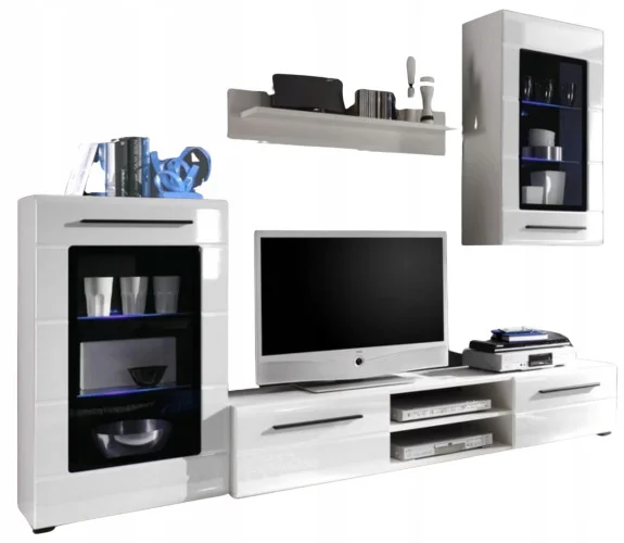 Meblościanka PUMP MDF biały połysk 240cm szafka RTV półka komoda + LED Cena promocyjna